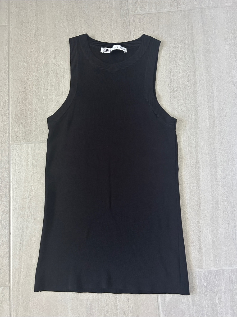 Zara Black Ribbed Silky knitted Sleeveless Top. Size Medium, 23”long